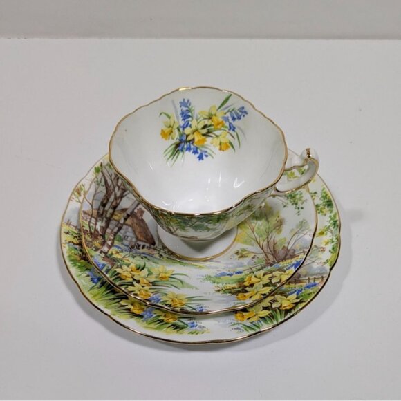 Hammersley Lorna Doone Cup Saucer Trio Set Floral Cottage Scene England Vintage - Picture 3 of 16